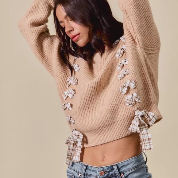 SO ME Checkered Plaid Tape Lace Up Ribbed‎ Sweater - Picture 11 of 16